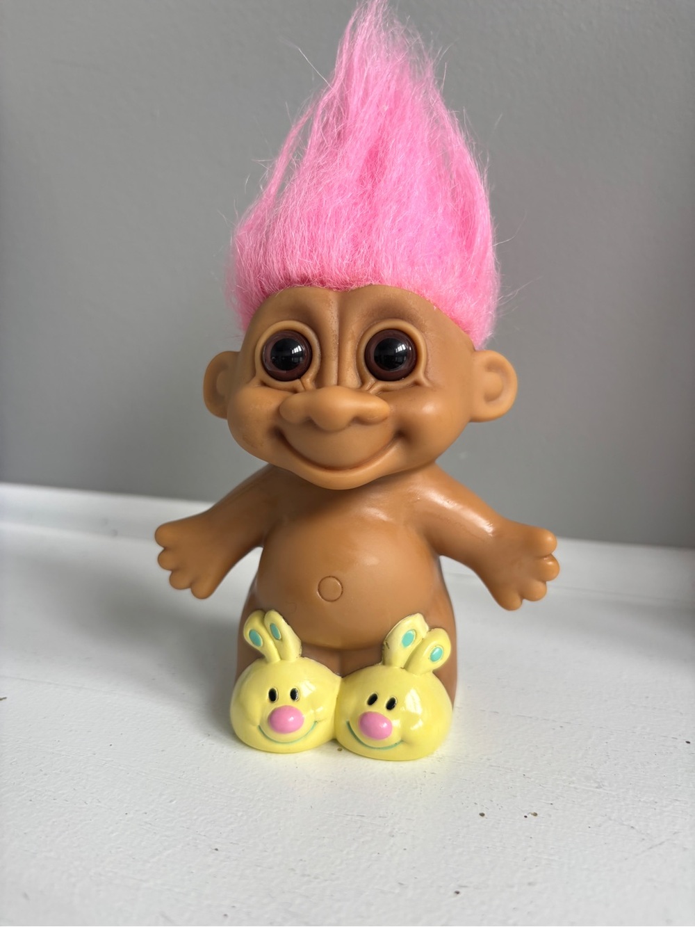 Russ Brown Vinyl Troll Doll with Pink Hair and Yellow Bunny Slippers